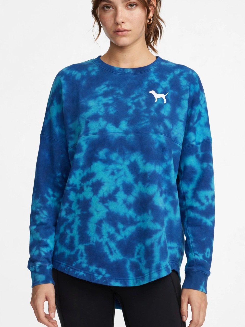 PINK Victoria's Secret Blue Tie-Dye Crewneck Sweatshirt with White Dog Logo